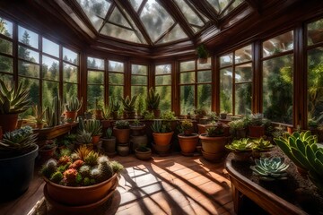 Fototapeta na wymiar A sunroom filled with potted succulents of various shapes and sizes.