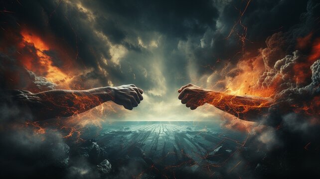 Fight, two fists striking one another against a dramatic sky,.