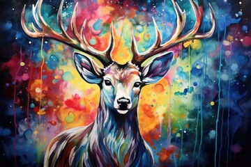 A vibrant painting depicting a majestic deer against a colorful backdrop
