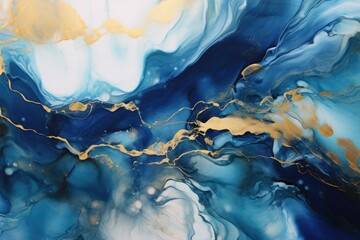 An abstract painting with a vibrant mix of gold and blue colors