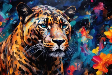 A leopard surrounded by vibrant flowers in a stunning painting