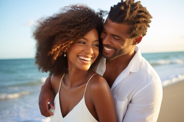 A young attractive black couple embracing on a summer beach.