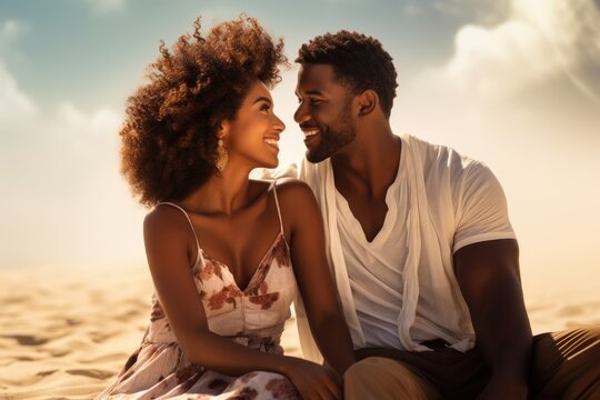 A Young Black Couple Looking At Each Other Lovingly On A Beach.