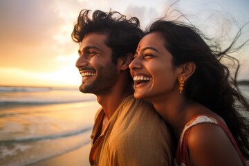 Happy, young Indian couple on the beach - obrazy, fototapety, plakaty
