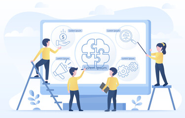 Business brainstorming ideas concept. Business people planning, data analysis, support, working together, creative thinking, improvement and development to achieve success. Flat vector  illustration.