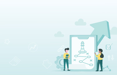 Business strategy plan concept. Business people discussion, competition, opportunity, planning, thinking and brainstorming for achieve success. Flat vector design illustration with copy space.