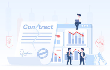 Stock market crash and contract termination concept. Tearing up contract paper, destroy, disagree, unsuccessful, bankruptcy, downturn, cancel contract. Flat vector design illustration.