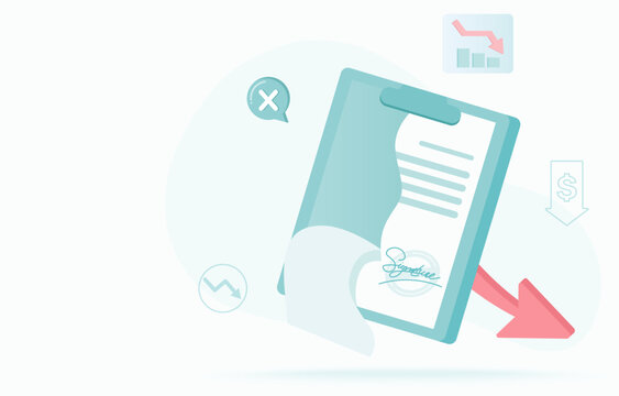 Contract cancellation concept. Termination or dismissal contract tear, contract failure, negotiation, problem, stocks market crash and reject confirmation. Flat vector illustration with copy space.