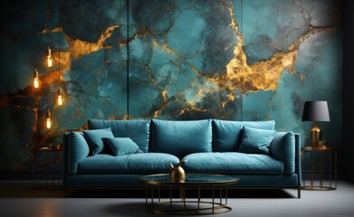 Blue sofa with a modern wall design
