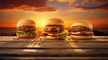 Three hamburgers on a wooden table with a sunset
