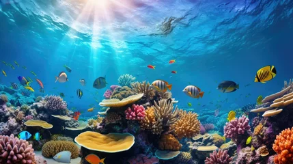 Fototapeten underwater sea life coral reef panorama with many fish © VINA
