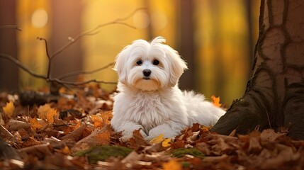white dog breed maltese lapdog in the autumn forest