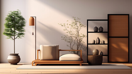 Modern interior japandi style design. Lighting and sunny scandinavian apartment with plaster and wood. Made with generative ai.