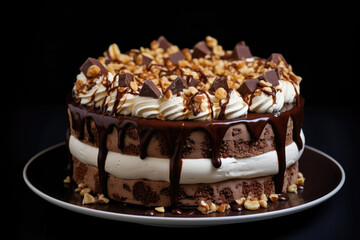 Round chocolate layer cake with nuts and chocolate icing