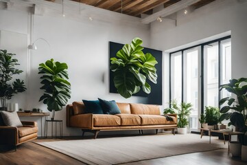 A blank canvas into a scene of a modern living room with a fiddle leaf fig as a focal point. - obrazy, fototapety, plakaty