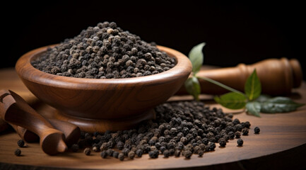 black pepper seeds in bowl isolated on black background