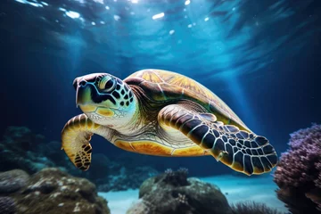 Foto op Canvas Close-up of a green sea turtle swimming underwater © Julia Jones