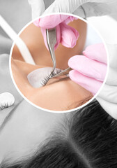 Beautiful Woman with long eyelashes in a beauty salon. Eyelash extension procedure. Lashes close up