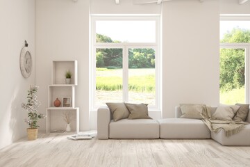 Bright interior design with modern furniture and summer landscape in window. 3D illustration
