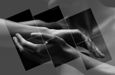 Black-white silhouette of female shoulders and hands . Female silhouette.