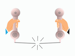 Two hands holding old telephone receivers with broken cable