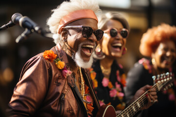 Obraz premium Music Ensemble. Seniors playing musical instruments as part of a group, illustrating their shared love for music. Generative AI.
