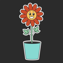 Retro groovy hippie flower in 1970 style. Cartoon flower in a pot on a black background. Vector illustration.