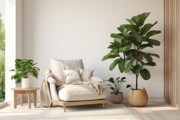 Interior of a room with an armchair and large indoor plants