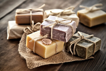Bars of handmade natural soap with herbs and flowers