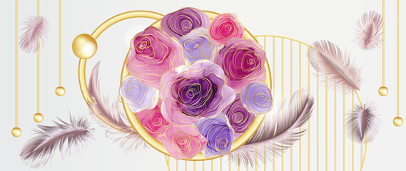 Art wallpaper with golden leaves. Modern creative design alcohol ink texture for home decor, banners, and prints. Vector illustration.