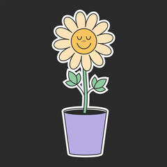 Retro groovy hippie flower in 1970 style. Cartoon flower in a pot on a black background. Vector illustration.
