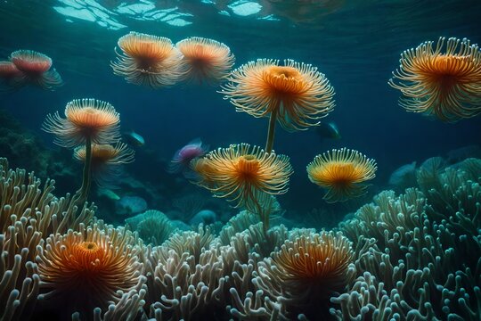 A simple background into an image of a surreal underwater world with sea anemones swaying in the currents.