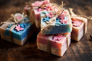 Fototapeta na wymiar Bars of handmade natural soap with herbs and flowers