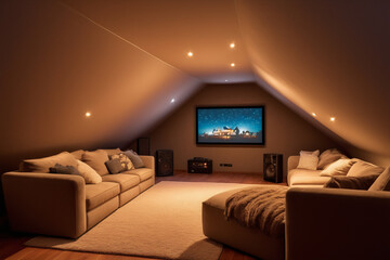 Cozy attic converted into a home cinema, plush bean bags and classic film posters on the wall