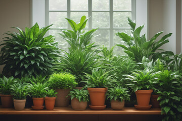 Indoor plant sanctuary, myriad of potted plants with lush green foliage creating a cozy botanical oasis