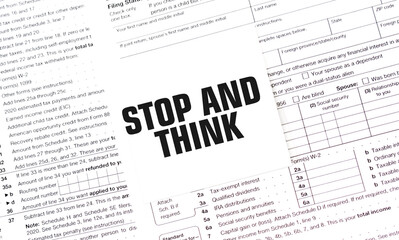 STOP AND THINK on white sticker with documents