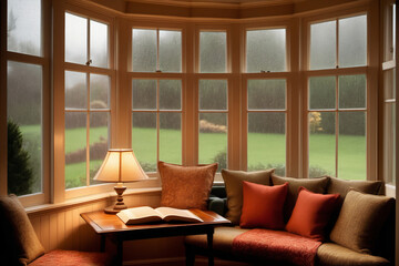 A snug reading nook by a bay window with rain gently tapping on the pane