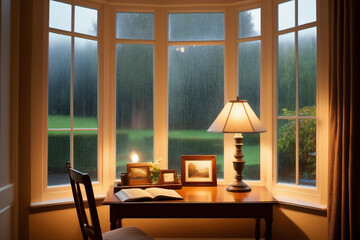 A snug reading nook by a bay window with rain gently tapping on the pane
