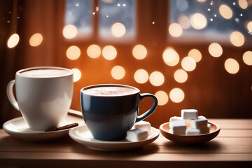 Obraz premium A serene indoor winter scene, mug of hot cocoa with marshmallows resting on a wooden coffee table