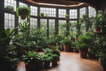 Fototapeta na wymiar Indoor plant sanctuary, myriad of potted plants with lush green foliage creating a cozy botanical oasis