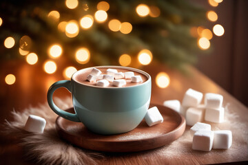 A serene indoor winter scene, mug of hot cocoa with marshmallows resting on a wooden coffee table