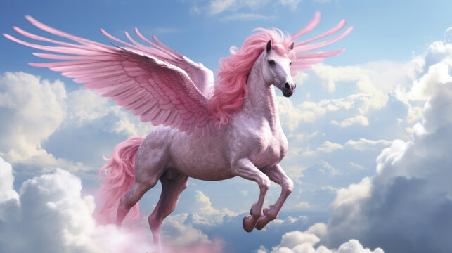Pink horse with wings on clouds