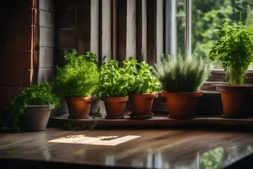 Afwasbaar fotobehang A simple background into an image of a kitchen window sill adorned with fresh herbs in pots. © Muhammad
