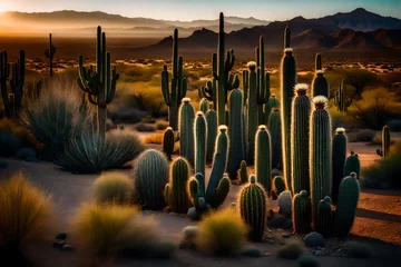 Gordijnen A scene of a cactus garden with a towering saguaro cactus against a desert backdrop. © Muhammad
