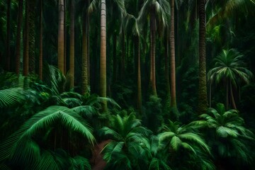 A lush tropical rainforest with towering palm trees. - obrazy, fototapety, plakaty
