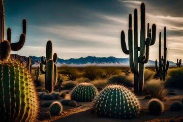 A scene of a cactus garden with a towering saguaro cactus against a desert backdrop. - obrazy, fototapety, plakaty