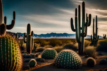 Deurstickers A scene of a cactus garden with a towering saguaro cactus against a desert backdrop. © Muhammad