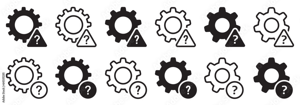 Aufkleber set of gears with question marks. technical support symbol, problem solving, setting icon. vector.