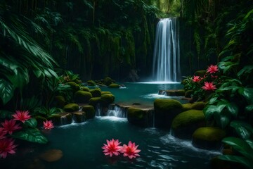 A tranquil waterfall surrounded by lush vegetation and tropical flowers.