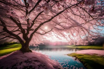 A cherry blossom tree in full bloom with delicate pink petals falling.